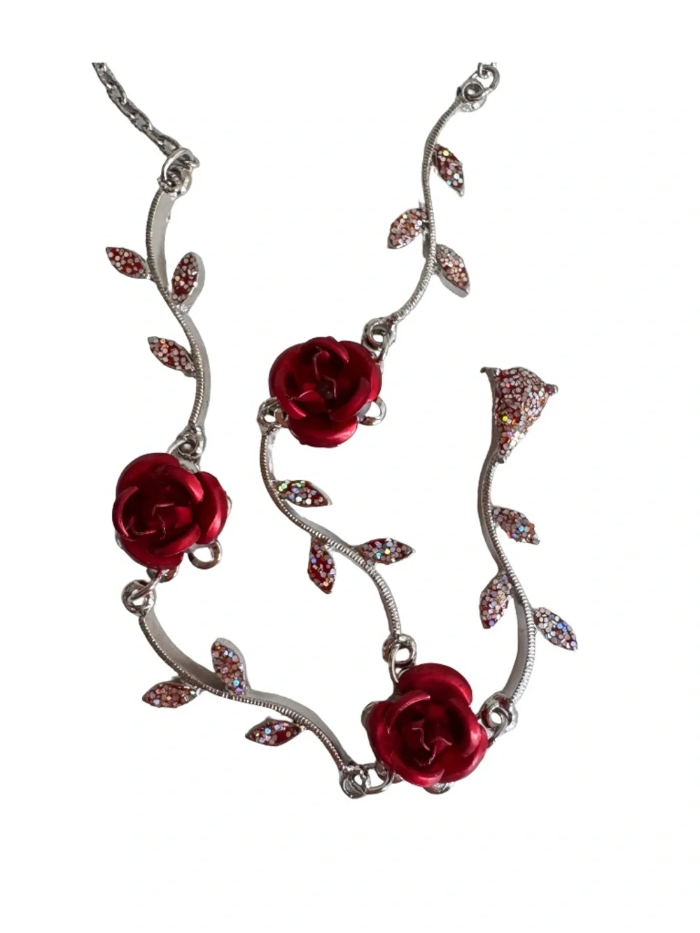 Vintage Red Rose Enamel Necklace Y Drop Crystal Leaf Silver Tone Floral 15